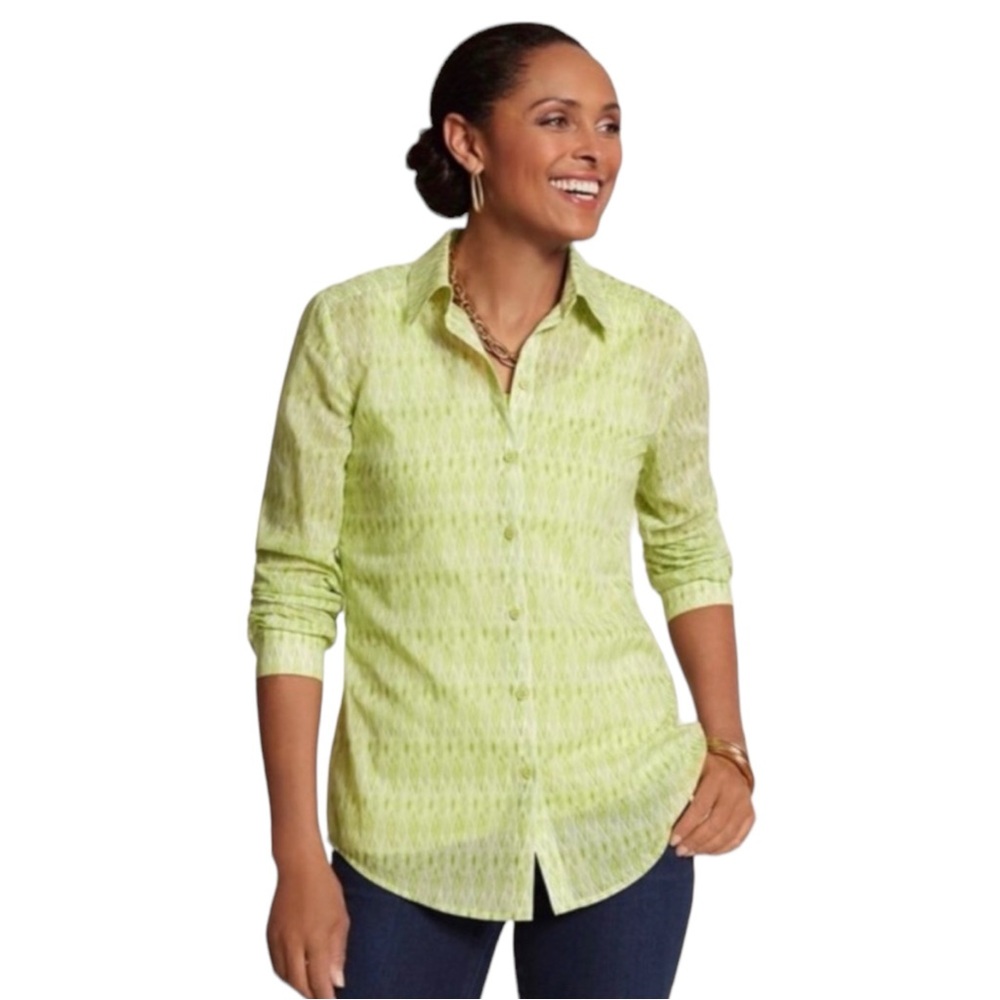 New CHICO’S Ikat Striations Patricia Green Top Size 2 (Women’s Large)
